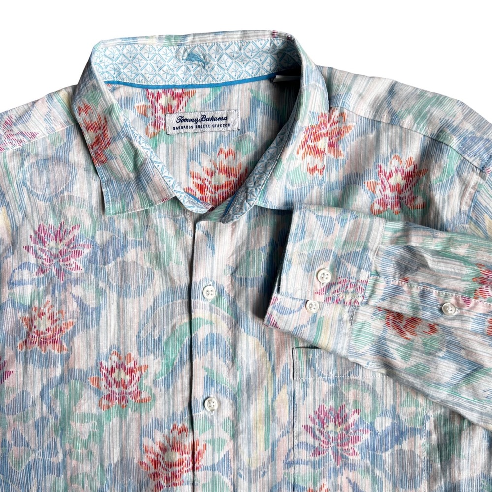 Tommy Bahama Shirt Mens Large White Floral Barbados Breeze Stretch Long Sleeve
